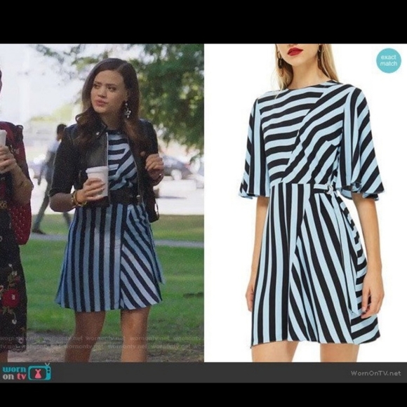 TopShop Diagonal Striped Mini Fit and Flare Dress in Baby Blue and Navy - Picture 2 of 7